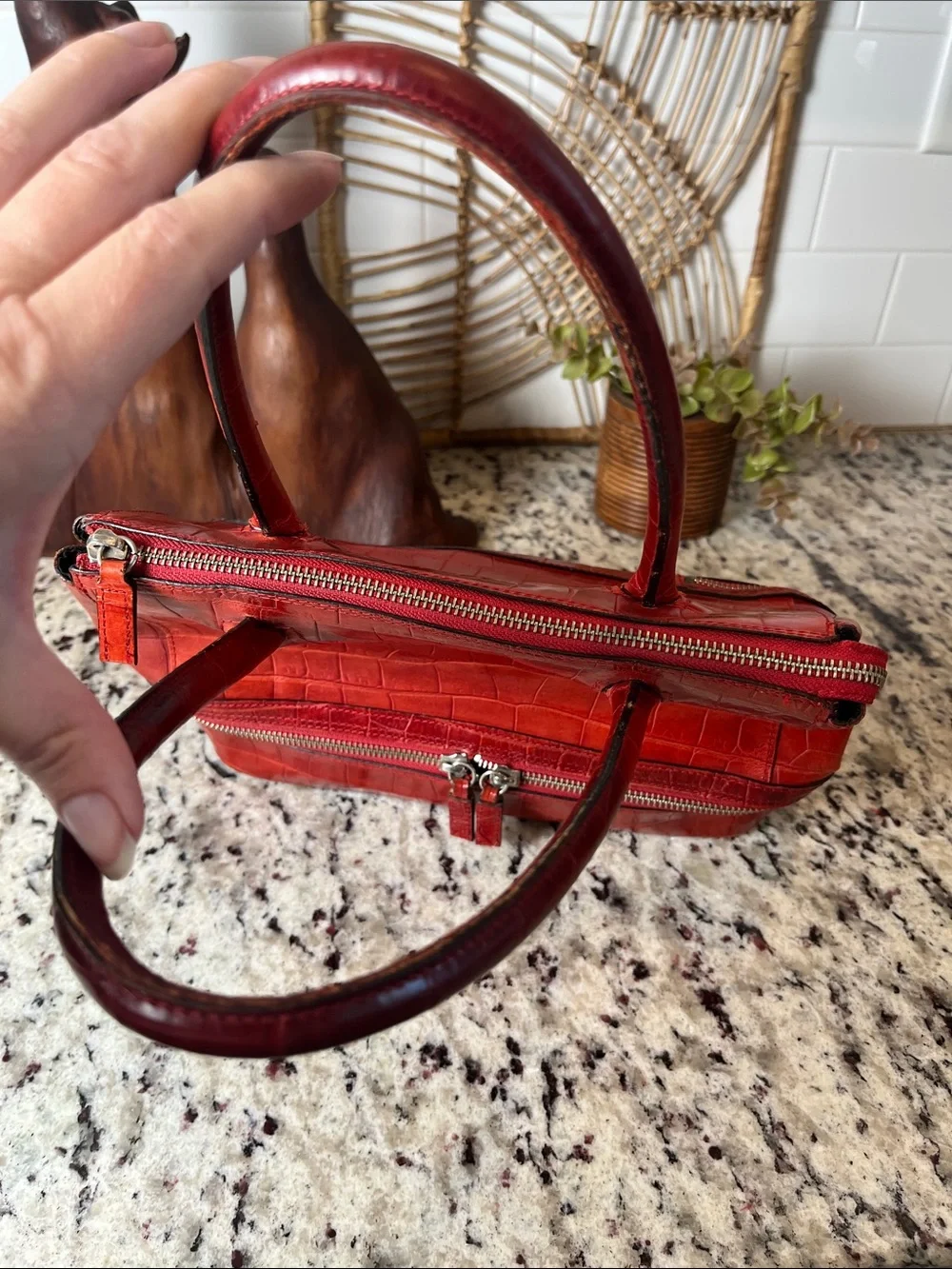 Pelle Studio Red Croc-Embossed Satchel with Zip Compartment